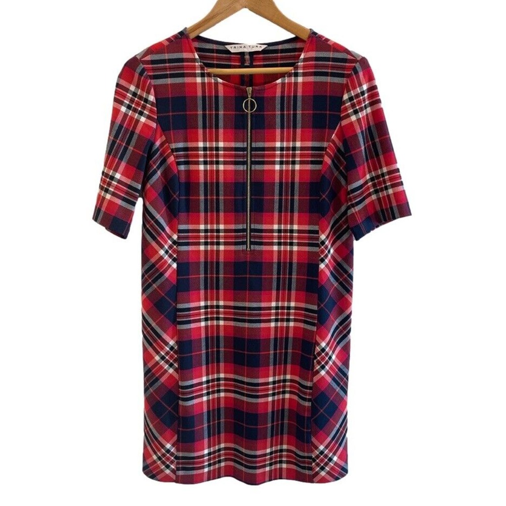 Trina Turk Dress Womens Size 2 Plaid Red Blue White Short Sleeve Zip Crew Neck